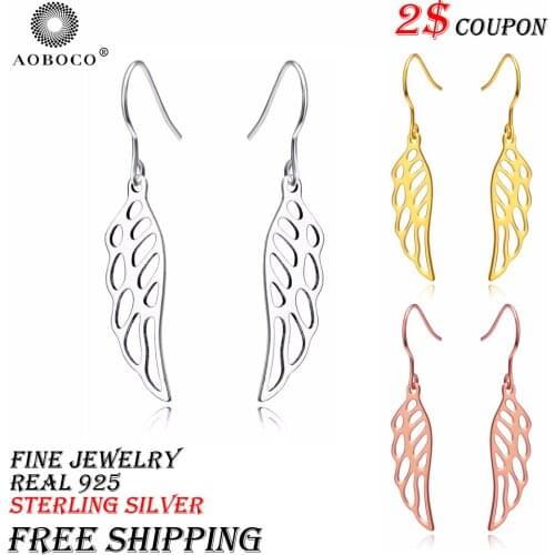 AOBOCO Brand Fine Jewelry Sterling Silver Angel Wing Drop Earrings For Women Girl Gift Boxes 3 Color Drop Shipping