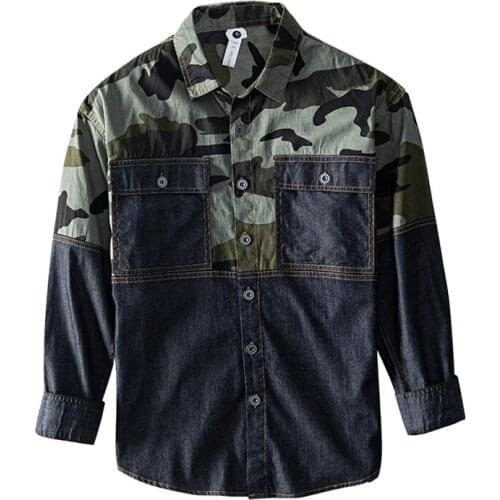 Camouflage Patchwork Denim Shirt for Men Long Sleeve Pure Cotton Tops Two Pocket Casual Turn-down Collar Male Retro Clothes