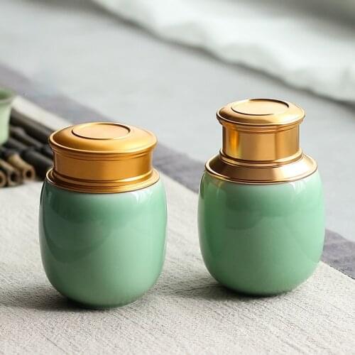 Chinese Style Celadon Tea Caddy Ceramic Tea Box Mini Portable Travel Sealed Jar Light Luxury Golden Alloy Lid Holiday Gift