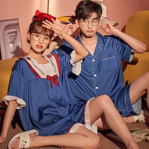 Summer Ice Silk Couple Pajamas Set V-Neck Blue Cardigan Plus Size Homewear Fashion Strawberry Turn-down Collar Kawaii Sleepwear