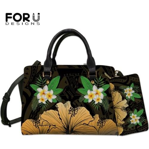 FORUDESIGNS 2PS Women Bags Set Hawaiian Plumeria Style Luxury Female Handbags PU Leather Shoulder Bags Brand Crossbody Bag Mujer