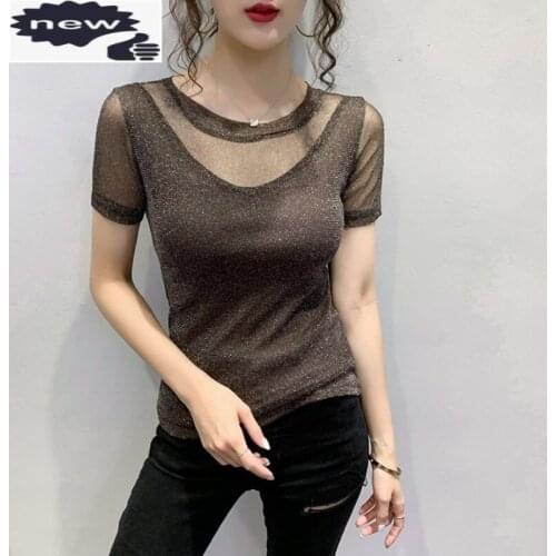 Summer Women Slim Fit Mesh T-shirt See Through Sexy Night Club Tees Tops Female Casual Short Sleeve O Neck Korean T-shirts 3XL