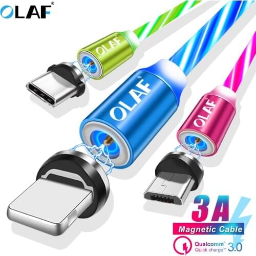OLAF Magnetic USB Cable 3A Quick Charge LED Micro USB Type C Cable For iphone X XS Max Samsung S9 Xiaomi Magnet Data Charging