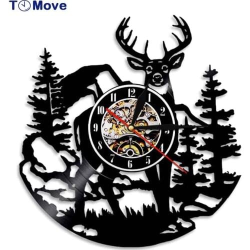 Woodlands Buck Vinyl Record Clock Birch Tree Forest Deer Wall Clock Modern Design Hunting Club Animals Livingroom Decoration