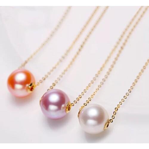 Natural Freshwater Pearl Pendant Necklace 18K Pure Yellow Gold Chain 8-9mm White / Pink / Purple Round Pearl Women Fine Jewelry