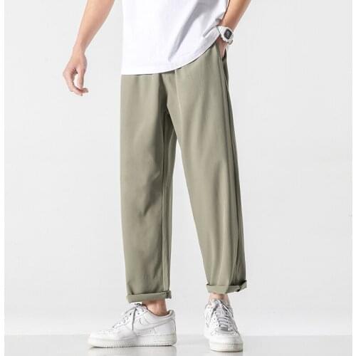 New Casual Pants Men Summer Thin Solid Color Elastic Waist Cropped Straight Pant Fashion Loose Ankle-Length Trousers Size M-5XL