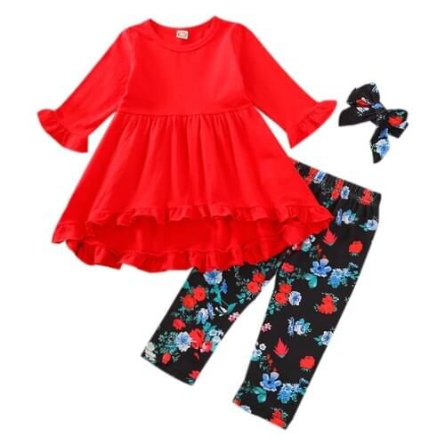 Toddler Kid Baby Girls Fall Winter Clothes Long Sleeve Ruffle Tunic Top Dress Floral Pants Leggings Clothes Set
