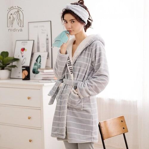 Korean Style Pajamas Women Autumn Coral Velvet Nightgown Long-Sleeved Flannel Hooded Winter Striped Ladies Nightwear Suit