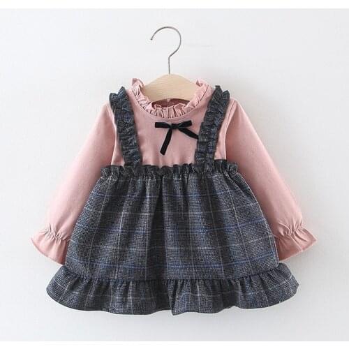 Girls Princess Dress 2020 Autumn Children Kids Baby Infants Long Sleeve Plaid Patchwork Faux Two Pieces Dresses Vestidos S11098