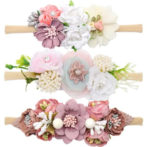 Newborn Pearl Artific Flower Baby diadema niña Headbands For Toddler Girls Handmade Nylon Elastic Hair Band Baby Hairband