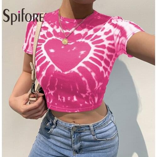 Spifore Tie Dye T-Shirt Women Y2K Chic O Neck Bodycon Tops Summer Love Print Ladies Clothes Streetwear