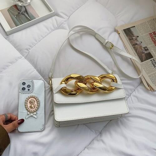 Womens Fashion Bag Thick Metal Chain Shoulder Bags Casual Women Small Flap Chain Messenger Bag PU Leather Solid Color Handbags