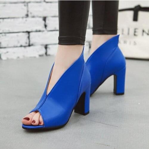 US4-11 Womens Peep Toe V-collar Block High Heel PU Leather Pumps Ankle Sandals British Style Shoes 6Colors Plus Size G02