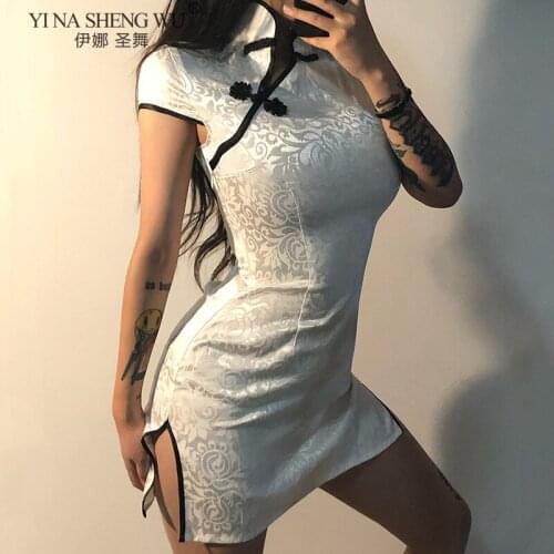 Women Sexy Split Banquet Qipao Slim Fit Bag Hip Party Night Dress Mujer Vestidos New Style Short-sleeved Fashion Slim Cheongsam