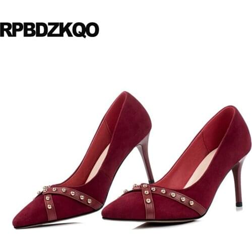 Pumps High Heels Slip On Wine Red Stiletto Luxury Shoes Women Designers Fashion Scarpin Suede Pointed Toe Metal Stud Rivet 8cm