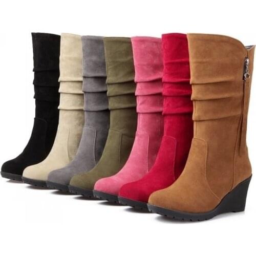 2021 Women Mid Calf Snow Boots Zipper Warm Wedge Boots Botas De Mujer Plus Size Womens Boots Plus Size 46