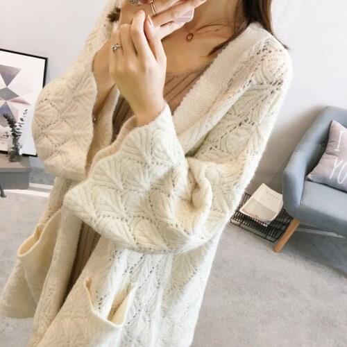 Hollow Long Sleeves 2021 Loose Korean Style Spring Fashion Knitting Lazy Outside Wear Chompas Para Mujer Cardigan Sweater Coat