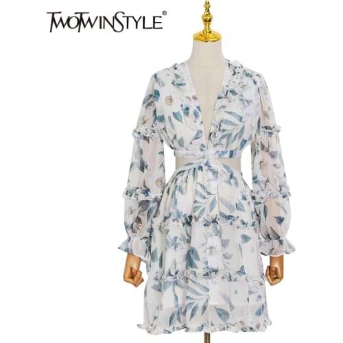 TWOTWINSTYLE Print Hollow Out Dress For Women V Neck Lantern Long Sleeve High Waist Lace Up A Line Mini Dresses Females 2021 New