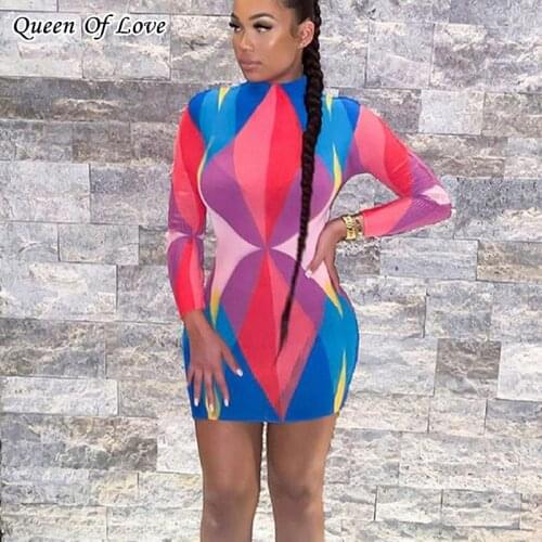 2021 Autumn Fashion Streetwear Bodycon Mini Dress Y2K Women Turtleneck Long Sleeve Geometric Print Party Dresses Outfits