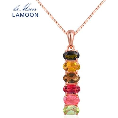LAMOON Classic Natural Multi-Color Oval Tourmaline 925 Sterling Silver Chain Pendant Necklace S925 LMNI048