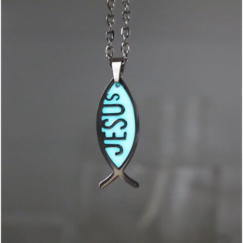 Glowing jesus necklace women gift Necklace Fish shape jesus Pendant Necklace GLOW in the DARK chain Handmade amulet