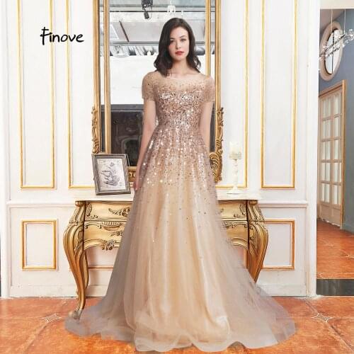 Plus Size Evening Dresses Women Beading Luxury Sequined Tulle O Neck Elegant With Train Party Gowns 2020 Finove