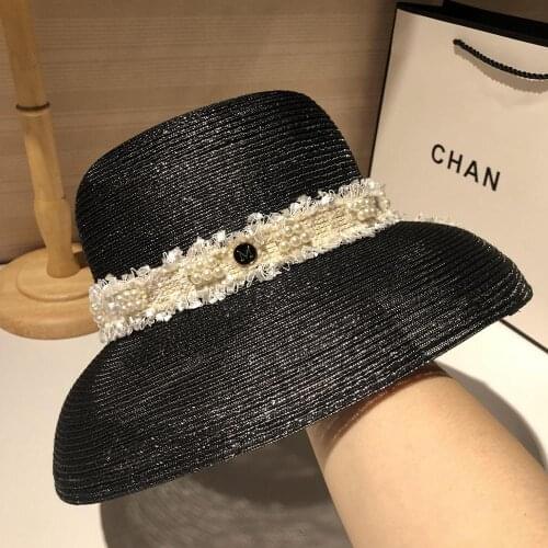 202004-shi Hepburn style Transparent pearl ribbon lady leisure bucket cap women fishermen hat