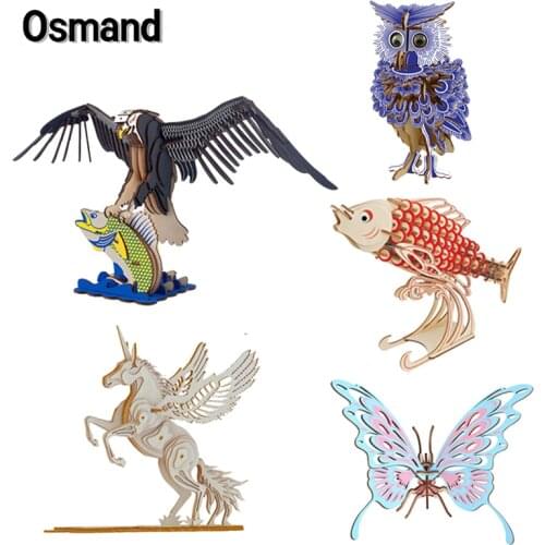 3D Wooden Puzzle Animal Model Building Kits Creative Butterfly Owl Jigsaw Educational Diy Tools Toys for Kids Xmas Gifts