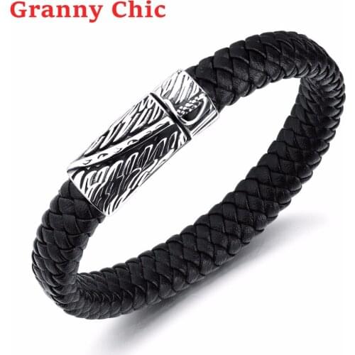 Granny Chic New Fashion 12mm Width Braided Leather Men Bracelets 316L Stainless Steel Cuff Bracelets Bangles Trendy Male Jewelry