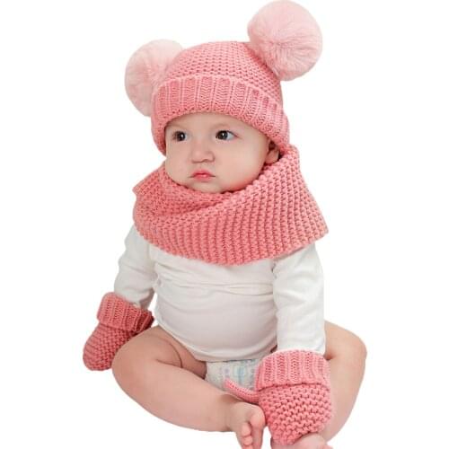 Children Baby Toddler Three-piece Knitted Costume Warm Set Solid Color Fuzzy Ball Cap + Long Scarf + Gloves