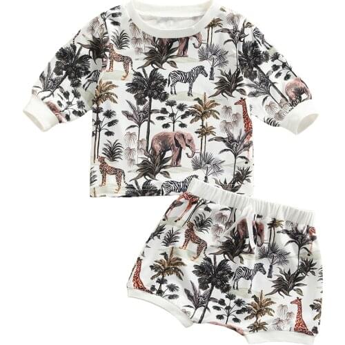 2021 0-24M Casual Infant Baby Boy Clothing Forest Animals Print Long Sleeve O Neck T-shirt+Shorts Spring Fall Outfits 2pcs Set