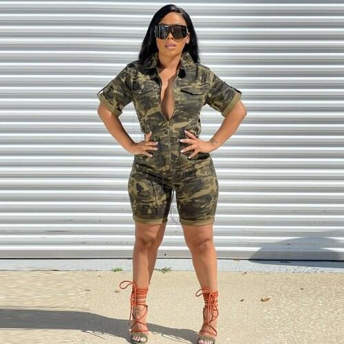 Drawstring Camouflage Plus Size Army Jumpsuit Women Turn Down Collar Short Sleeve Biker Playsuit Streetwear Zipper Bodysuits