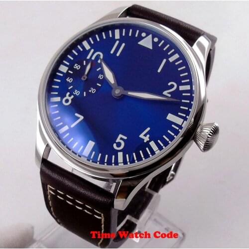 Classic 44mm Asia 6497 movement Hand-winding Mens Wristwatch blue sterile dial luminous hands marks leather strap