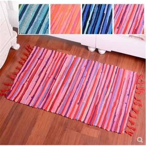 Nordic Style Cotton Linen Hand-woven Carpet Rug Boho TasselHome Bedroom Mat Kitchen Absorbent Colorful Stripe Door Mats