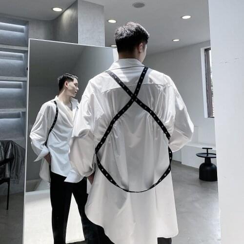 MIXCUBIC 2020 Autumn Korean style Personality Rivet webbin design shirts men casual loose solid color shirts for men,size M-XL