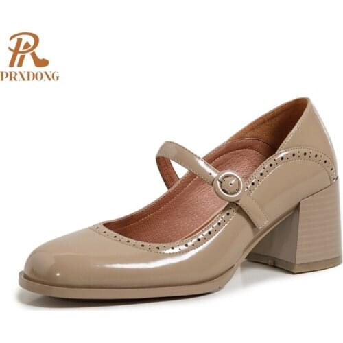 New 2021 Autumn Genuine Leather Retro Women Pumps Shoes Thick Square Heels Round Toe Black Mary Janes Dress Office Ladies Pumps