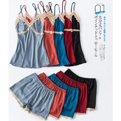 Sexy Strap Top&Shorts Satin Women Pajamas Suit Intimate Lingerie Soft Sleepwear Pijamas Lace Nightwear Home Clothes Sleep Set