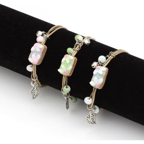 Simple Fashion Flower Leaf Charm Bracelets For Women Summer Femme Bijoux Rope Chain Adjustable Bracelets Ceramic Jewelry EY6176