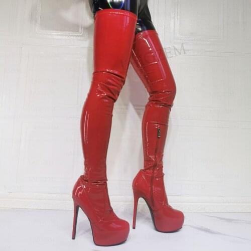BERZIMER Women Thigh High Platform Boots Crotch Shiny Stretchy High Heels Boots Over Knee Party Shoes Woman Plus Size 42 50 52
