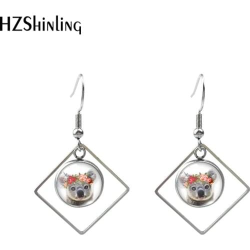 2020 New Cat with flower Hook Earring Koala Deer Rhombic Earring Glass Dome Animal Jewelry Handmade Stainless steel Earrings