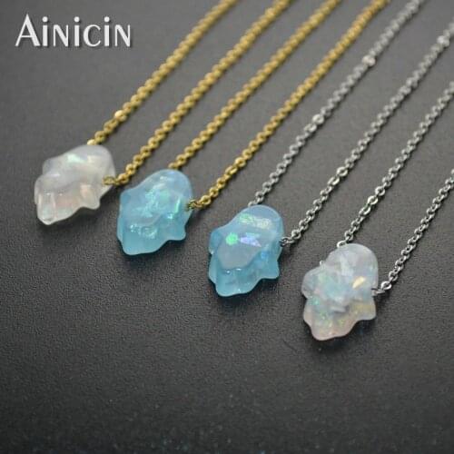 Blue White Resin Hamsa Hand Palm Shape Pendants 304L Stainless Steel Gold Silver Chain Necklace For Women Peary Jewelry