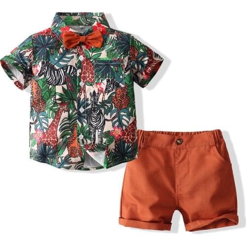 Tropical Style Boys Sets Cotton Gentleman Quality Toddler Floral Shirt + Shorts 2pcs Childrens Outfit Kids Clothes Hawaii Beach