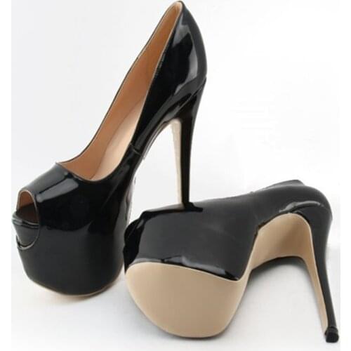 Hot Selling Black Nude Patent Leather Ultra High Heel Shoes 16cm Heel Wedding Shoes Platform Stiletto Heels Peep Toe Pumps