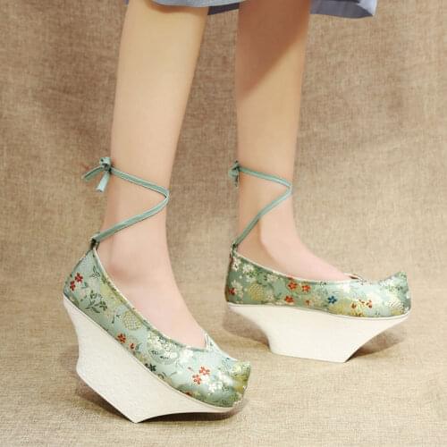 XinHuaEase Chinese Style Hanfu Flower Embroidered Shoes Women Ancient Flowerpot Lattice Costume High Heels Head Up Qing Dynasty
