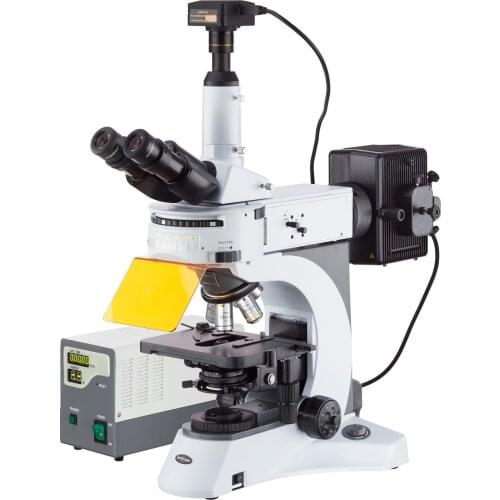 AmScope 40X-1000X Upright Fluorescence Microscope with Rotating Multi-filter Turret + 18MP Camera FM820T-18M3