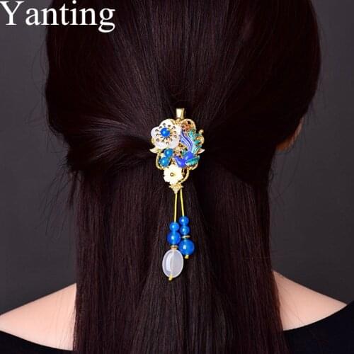 Yanting Vintage Accessories Ethnic Hair Jewelry Cloisonne Peacock Shell Flower Hair Clip Pin Ornaments Natural Stone 0123