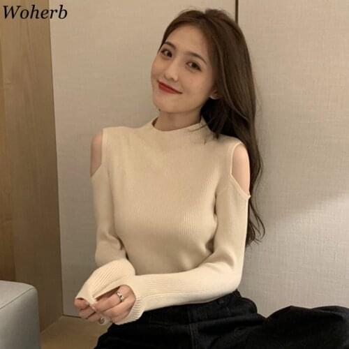 Woherb Off Shoulder Sweater Women Knitted Pullover 2021 Autumn Winter Clothes Women Solid Casual Slim Basic Knit Tops Pull Femme