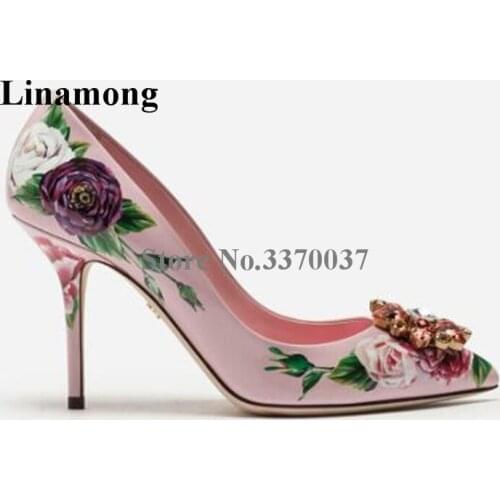 Brand Design Women Charming Pointed Toe Flowers Printed Rhinestone Pointed Toe Pumps Pink Blue Crystal High Heels Wedding Shoes