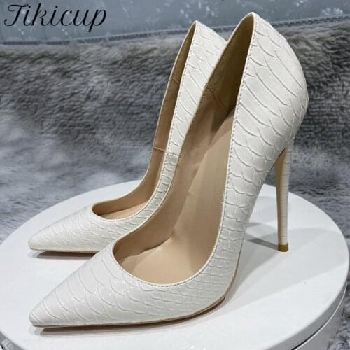 Tikicup White Crocodile Effect Embossed Pattern Women Pointy Toe High Heel Shoes 8cm 10cm 12cm Slip On Sexy Stiletto Pumps