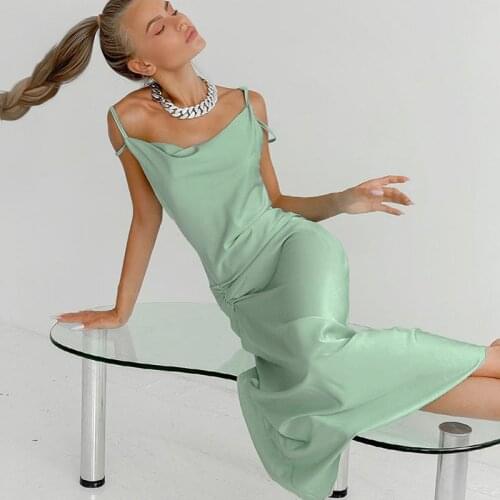 2021 Spring Autumn New Womens Dresses Satin European American Sexy Sling Halter Mid-Length Dress With Slimming Vestidos Female